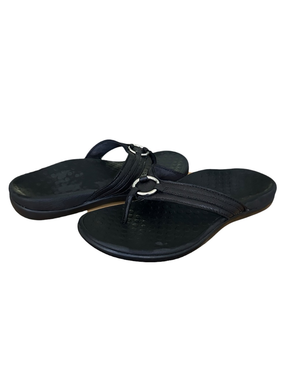 VIONIC Aloe Black Leather Orthotic Thong Sandals Women’s 8 Comfort Arch Support